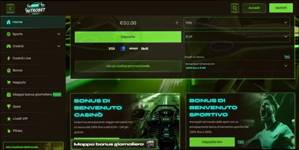 Nitrobet Casino del 100% fino a €600 + 100 Giri Gratuiti